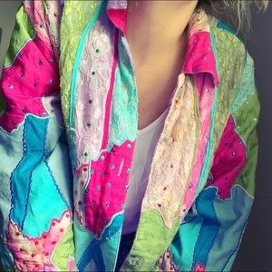 Vintage color block lace sequins bomber jacket